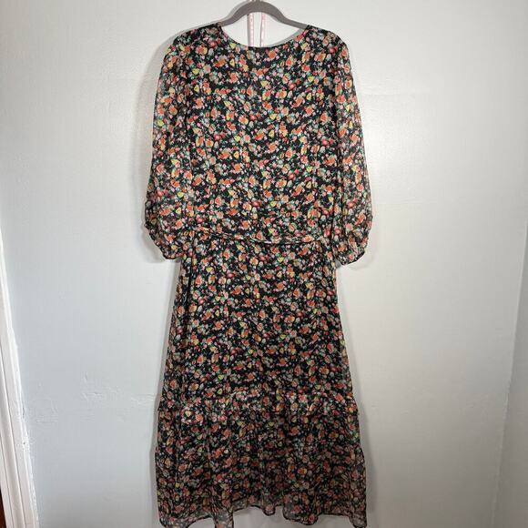 Mango Floral Button Down Puff Sleeve Maxi Dress Plus Size 22 Black - Picture 2 of 7